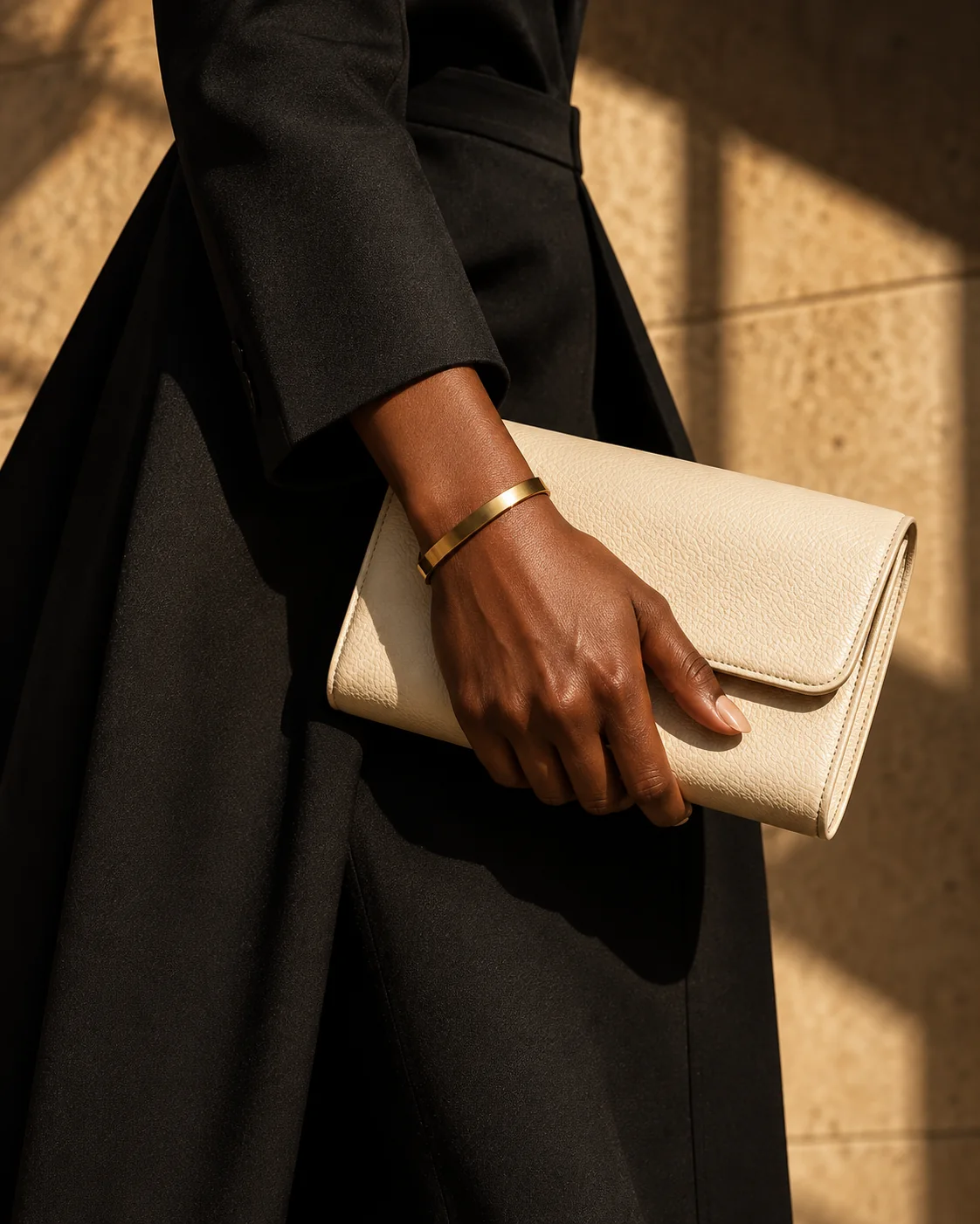 Hand holding an ivory clutch, a gold cuff at the wrist, against black tailoring