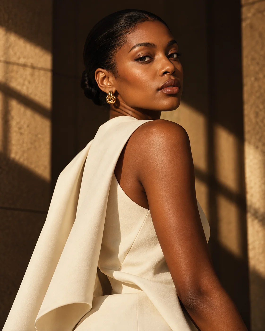 Woman in a draped ivory top, looking over her shoulder