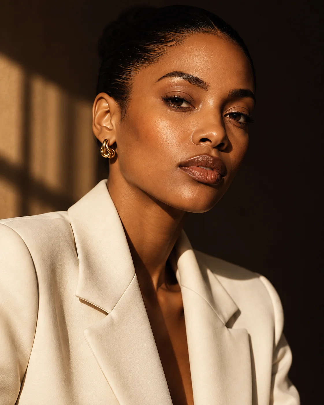 Woman in an ivory blazer and gold earrings, lit by late sun through a window