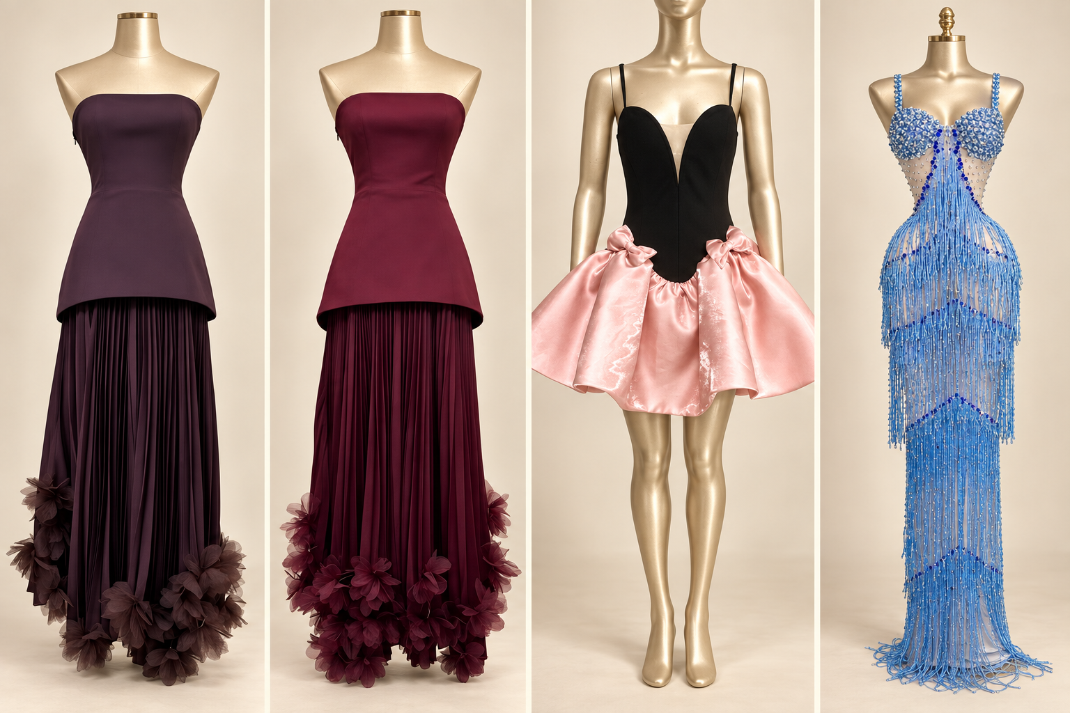 AI-styled preview: petal gown in cocoa on a gold mannequin